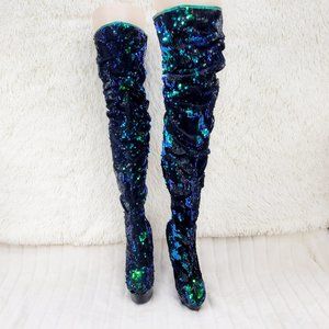 Mermaid Green Iridescent Sequin Thigh High 6" Heel Slouch Boots